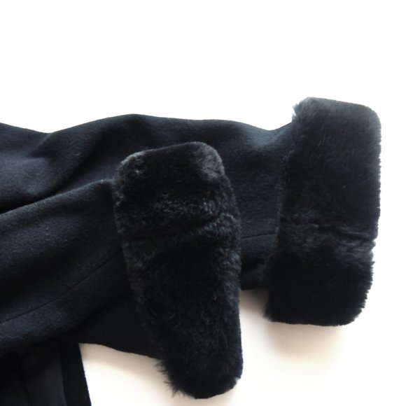 Vintage 80's Albert Nipon Black Coat, Faux Fur Trim, Wool Med Petite - Picture 2 of 6
